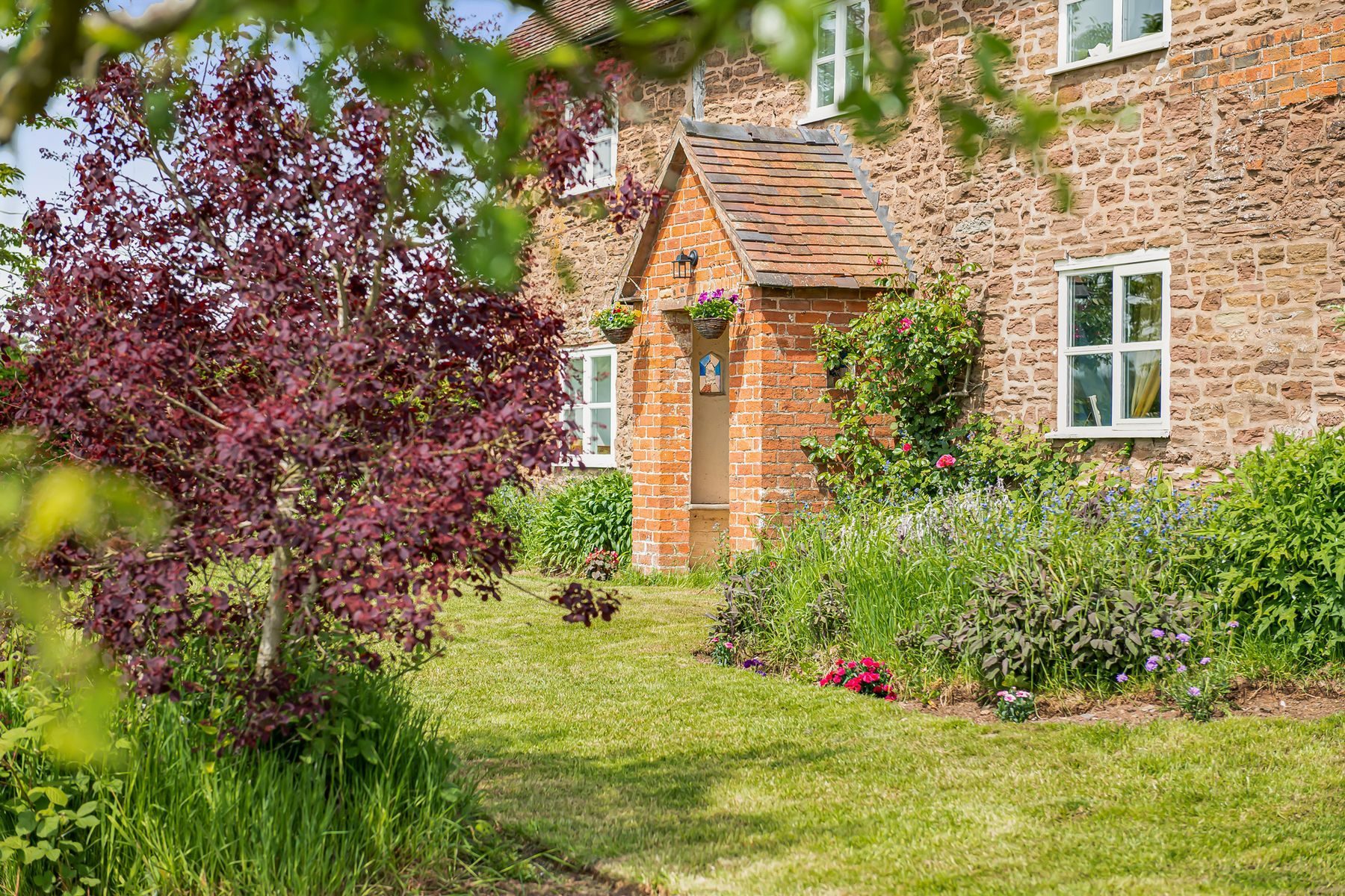 The farmhouse framed through trees on the private drive